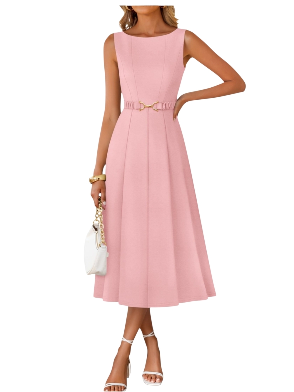 ZESICA - XL Elegant Sleeveless Pink Midi Dress with Belt - Picture 4 of 16